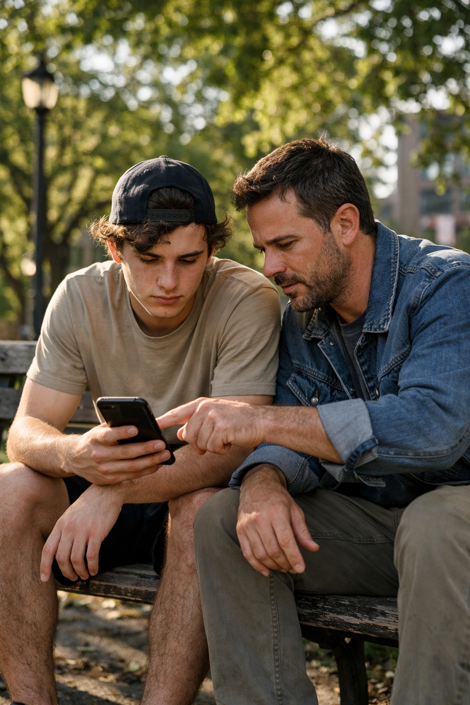 An intentional mentor and student sitting on a park bench reviewing discipleship progress on a smartphone.