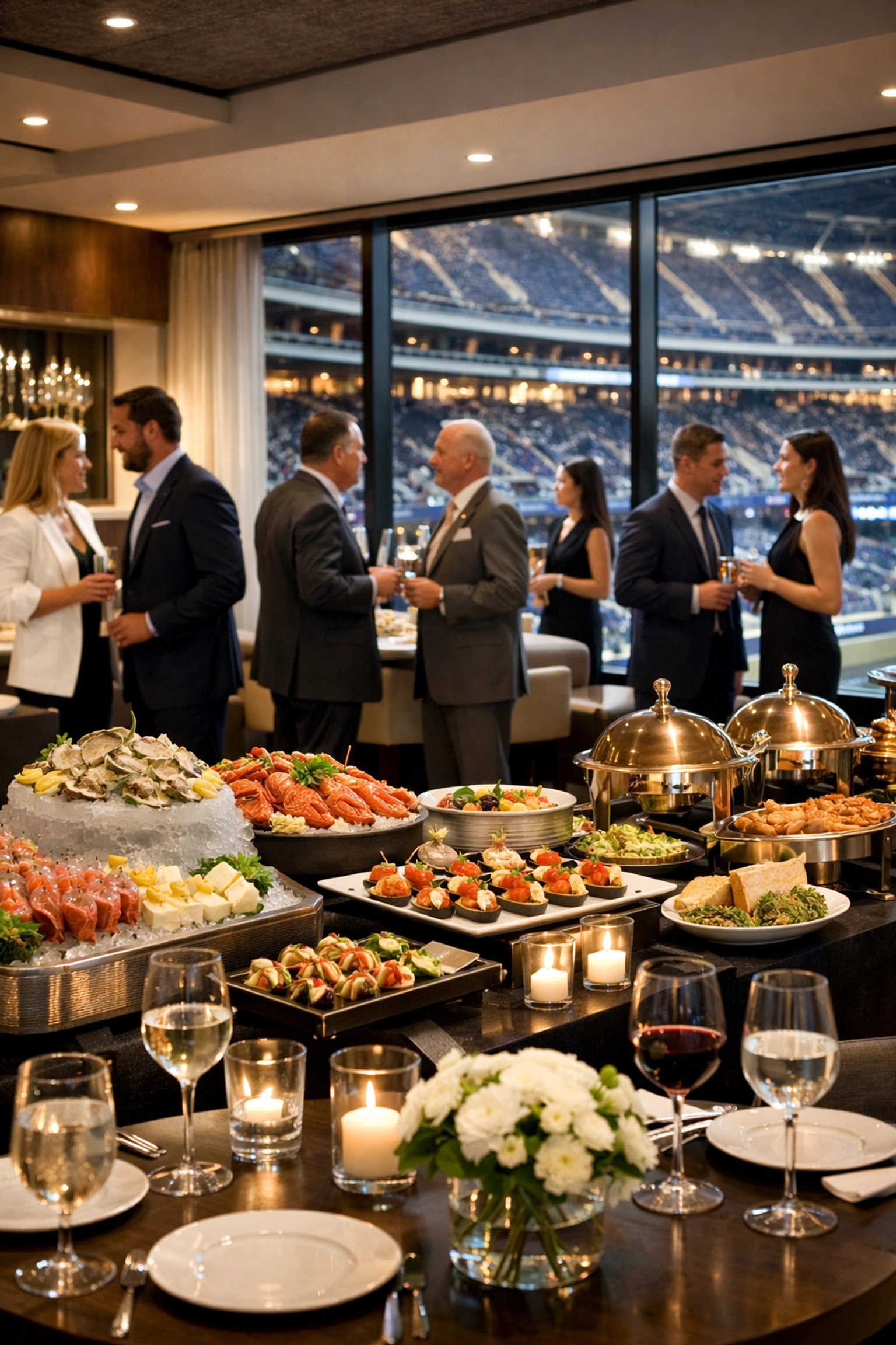 The Executive's Guide to Super Bowl Corporate Hosting: How to Turn Luxury Travel Into Brand-Building Wins VIP lounge with gourmet catering and business professionals at Super Bowl corporate event