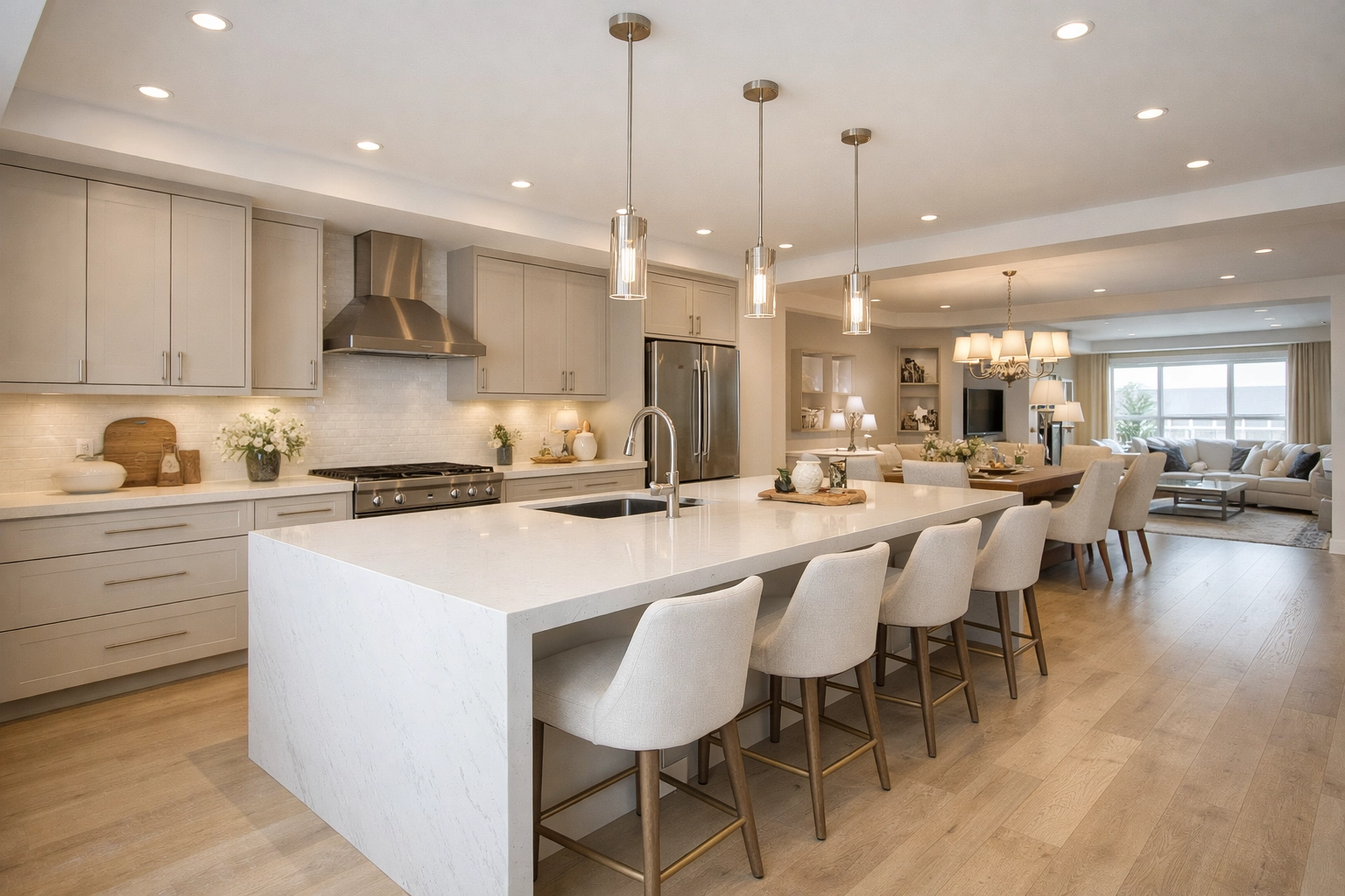 Stunning open-concept kitchen remodel in Orlando featuring a luxury quartz waterfall island and modern cabinetry.