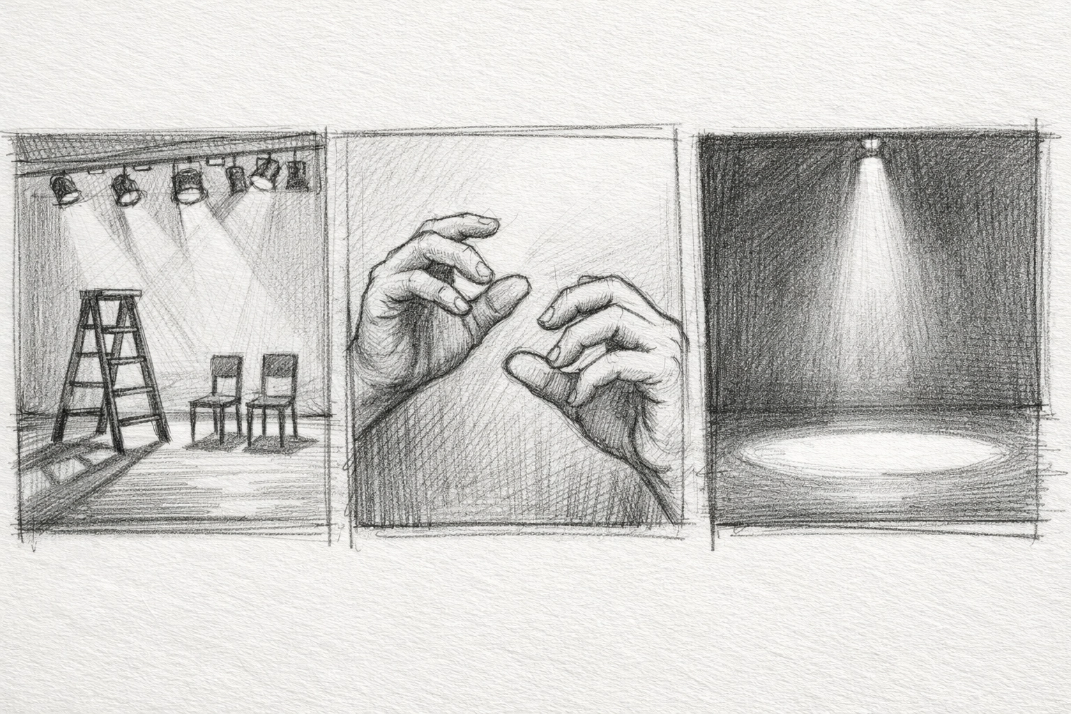 Minimalist theater staging sketch showing bare stage with stepladder and pantomiming hands