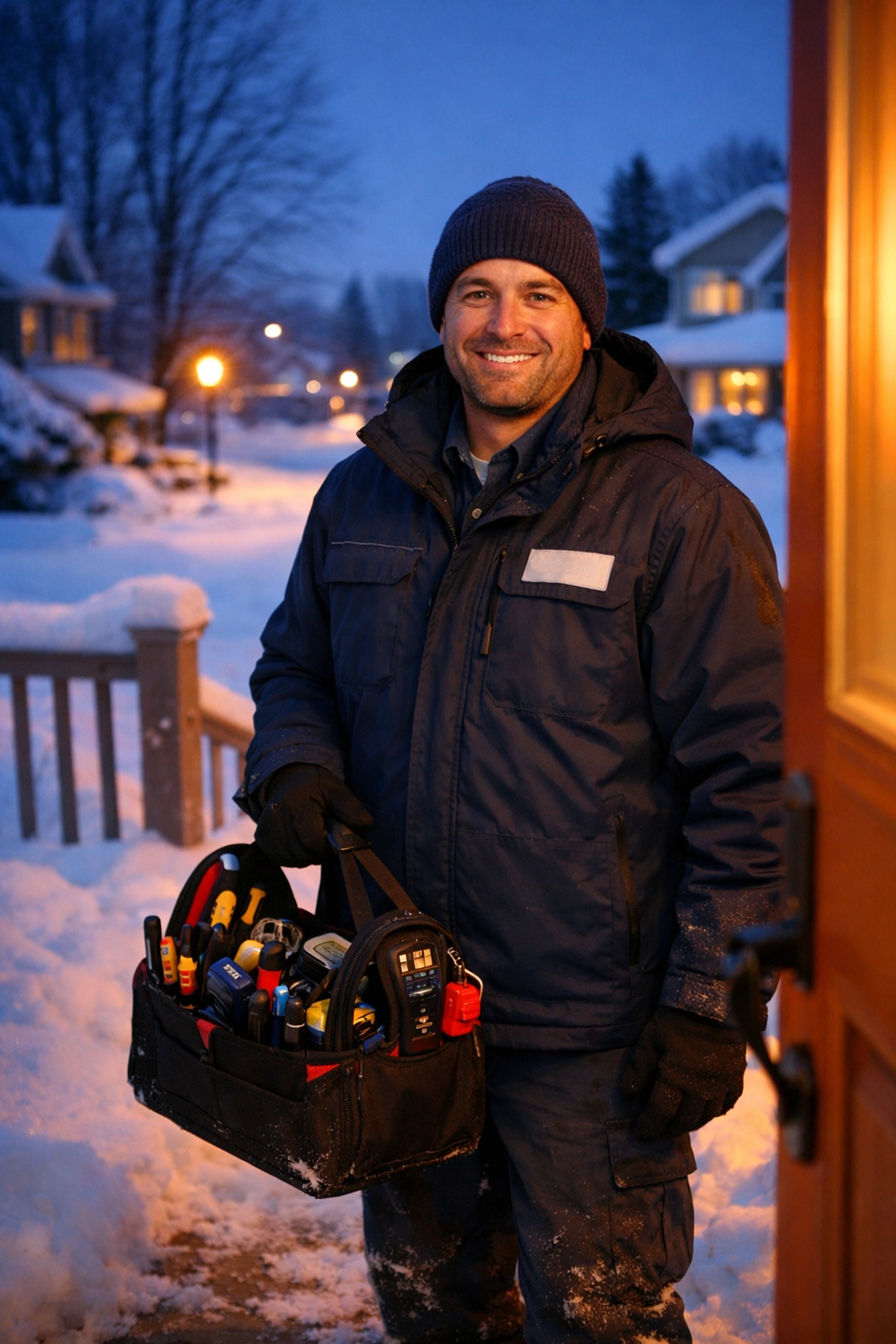 Professional HVAC technician arriving at a snowy WNY home for 24/7 emergency furnace repair service.