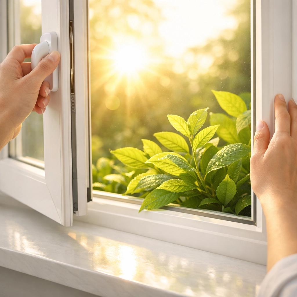Opening a window to fresh air and a healthy home after an eco-friendly cleaning service.