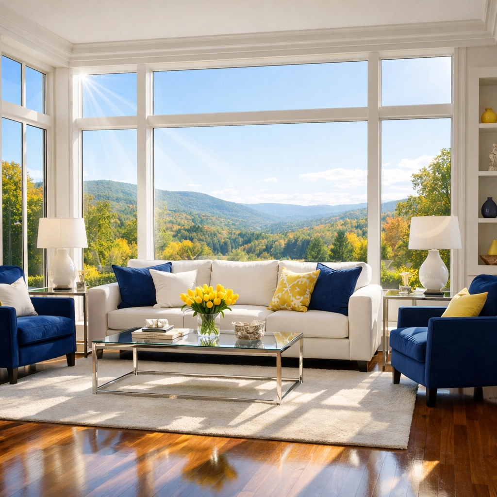 Sun-drenched luxury living room in Lancaster MA with perfectly clear windows showing a scenic view.