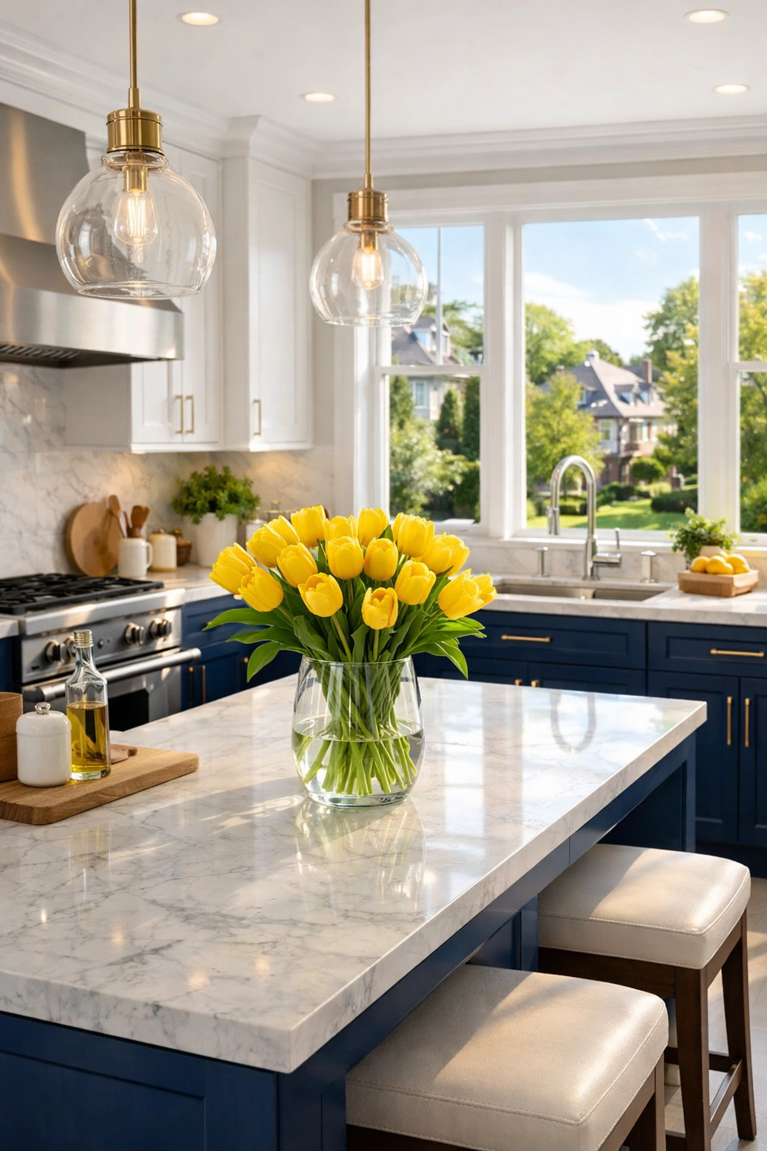 Professional maid service Worcester results in a spotless modern kitchen with white marble countertops.