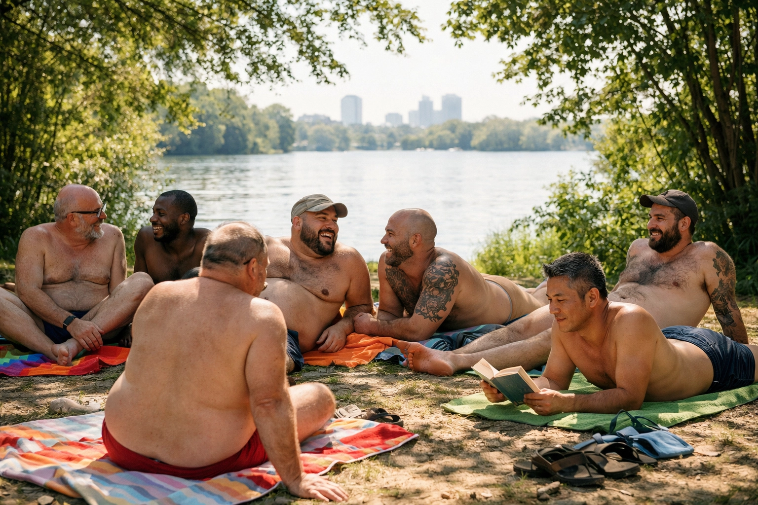 Gay naturists enjoying sunny day at Amsterdam's Nieuwe Meer clothing-optional beach