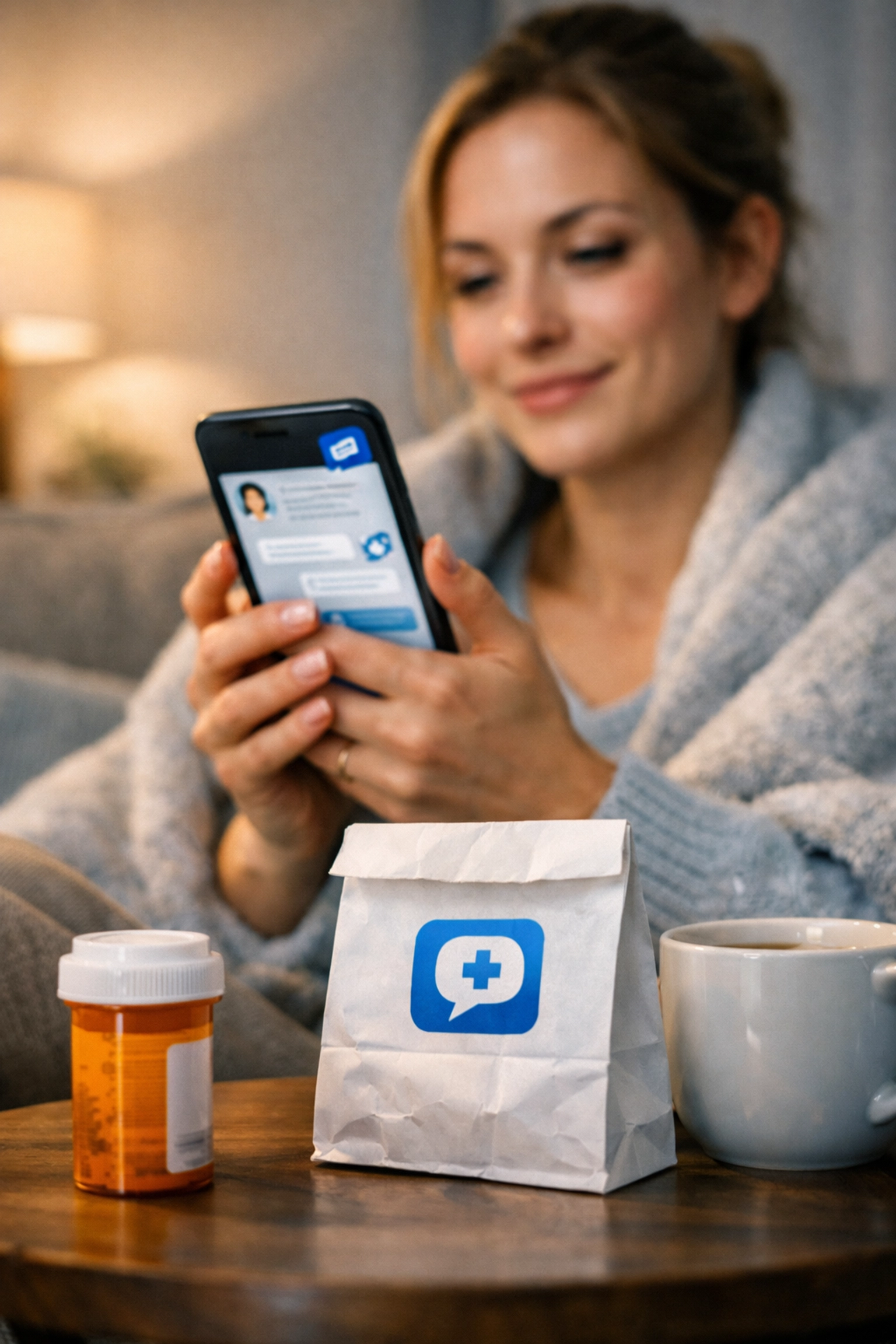 Woman using secure text-based telehealth to receive a UTI prescription online for pharmacy pickup.