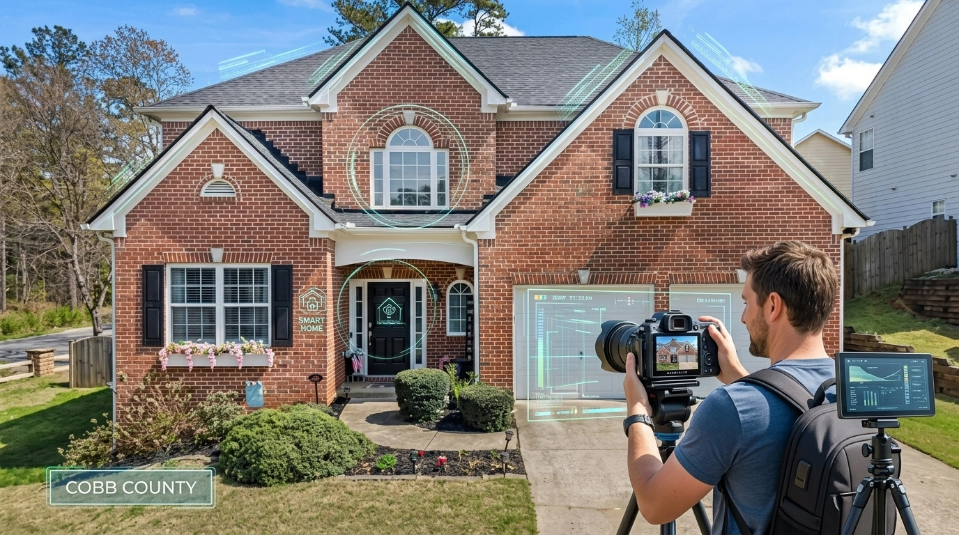 AI Listing Advantage visualization featuring a traditional brick home being analyzed by digital technology for maximum market value.