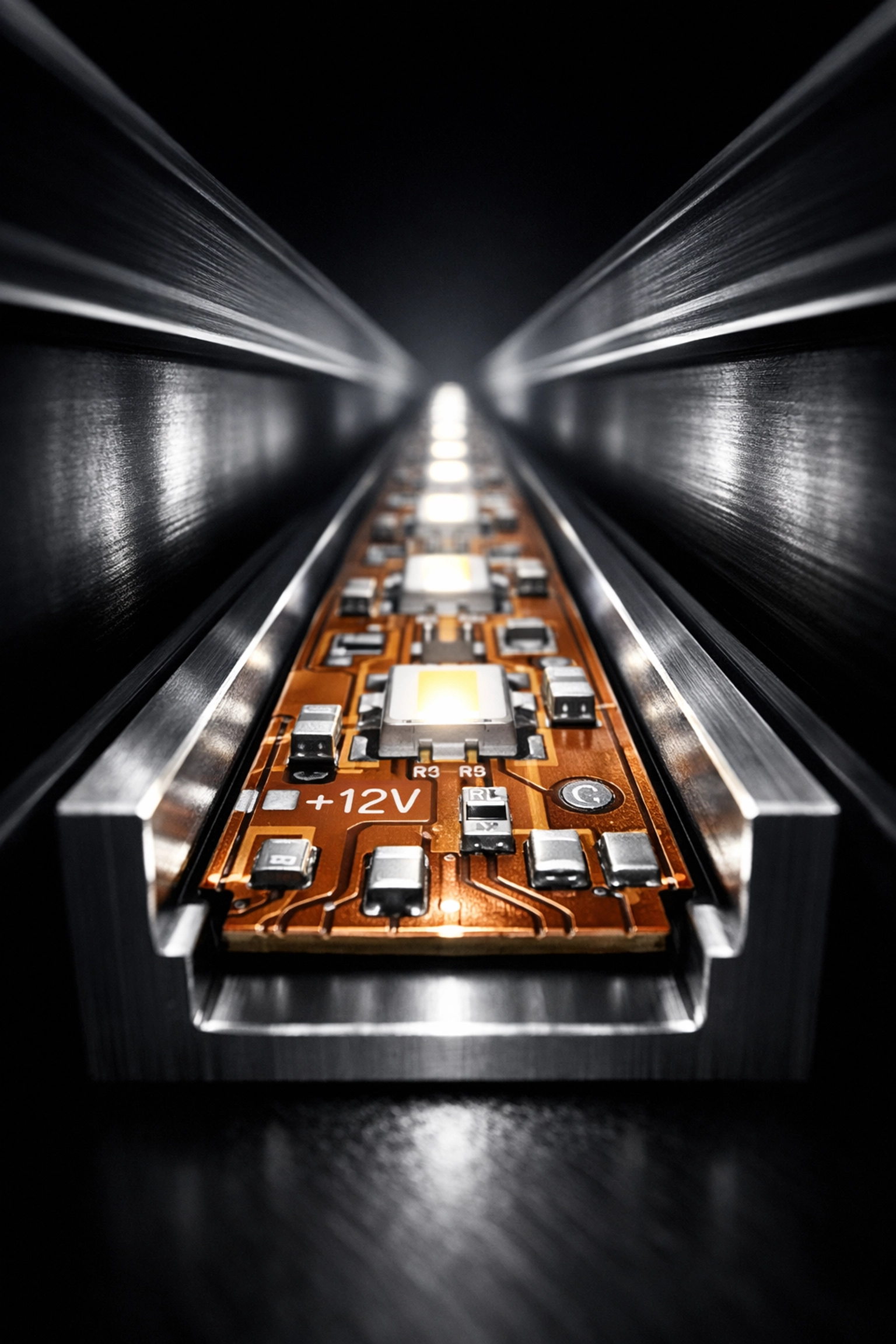 Vue rapprochée d'un ruban LED haute densité dans un canal en aluminium pour lumière linéaire.