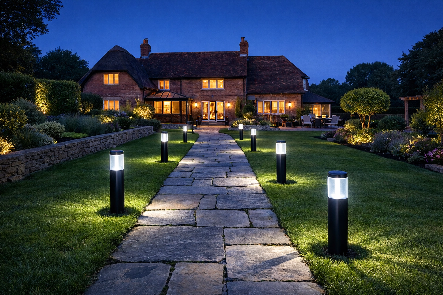 Solar-powered LED bollard lights illuminating a stone garden path at a Dorset residence.