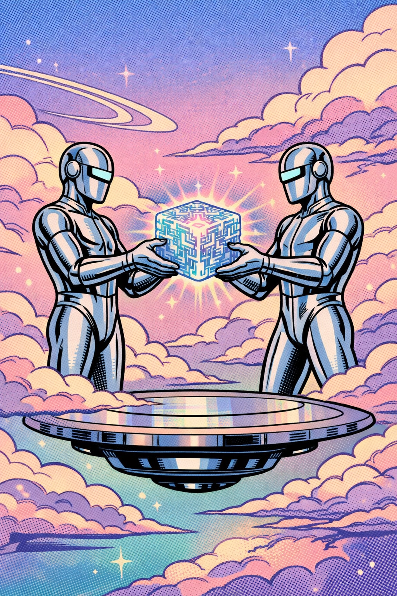 Digital entities exchanging data cubes representing AI agent matching and brand digital twin orchestration.