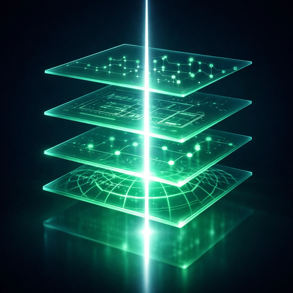 Four glowing digital layers with a central light beam symbolizing VibeFlow precision context and AI governance.