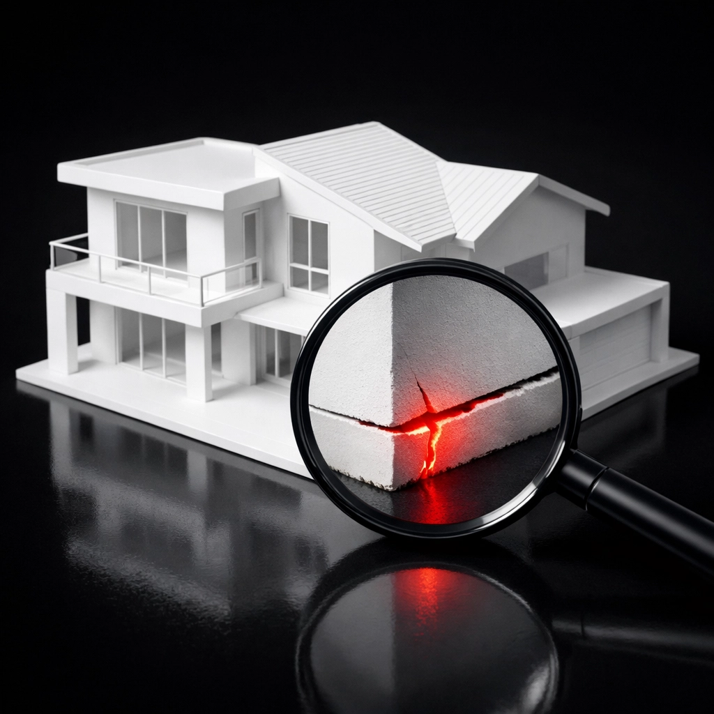 Une loupe révélant une fissure de fondation sur une maison, soulignant l'importance de l'inspection préachat à Québec.