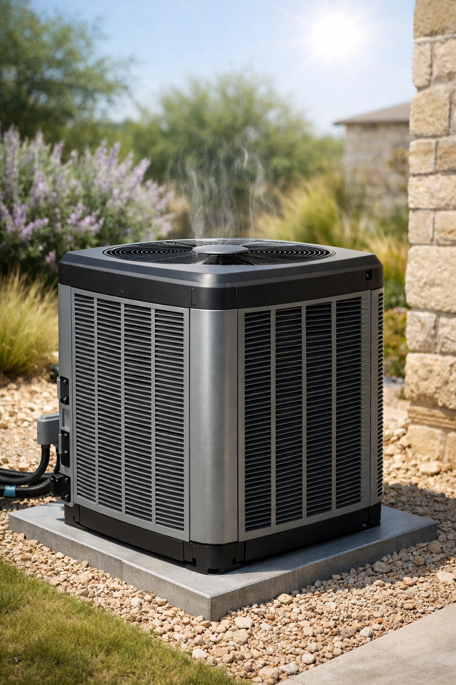 A modern HVAC unit outside a home, an essential item to check before you buy a home in San Antonio, TX.