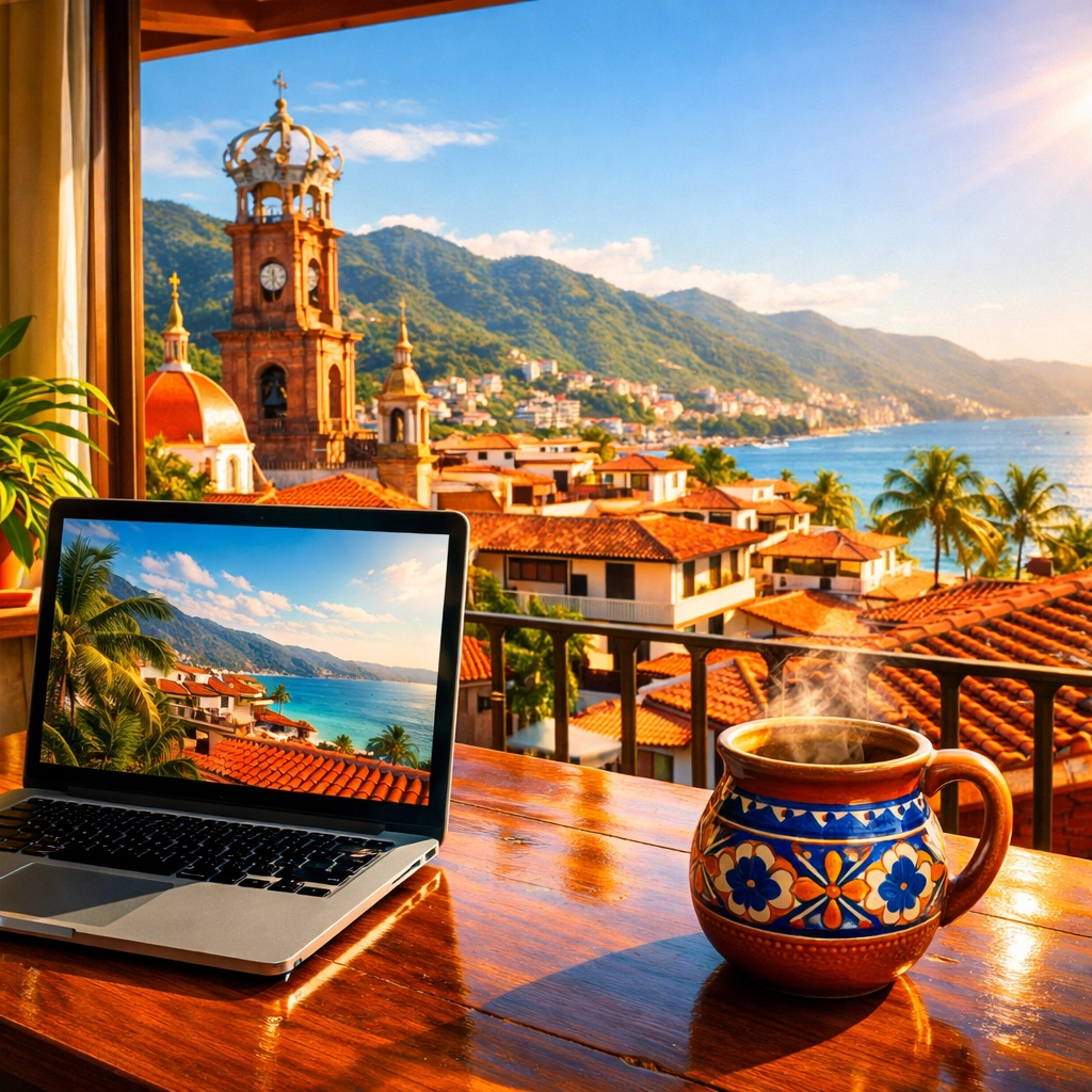 Digital nomad office setup in a Puerto Vallarta rental condo overlooking the mountains of Old Town.