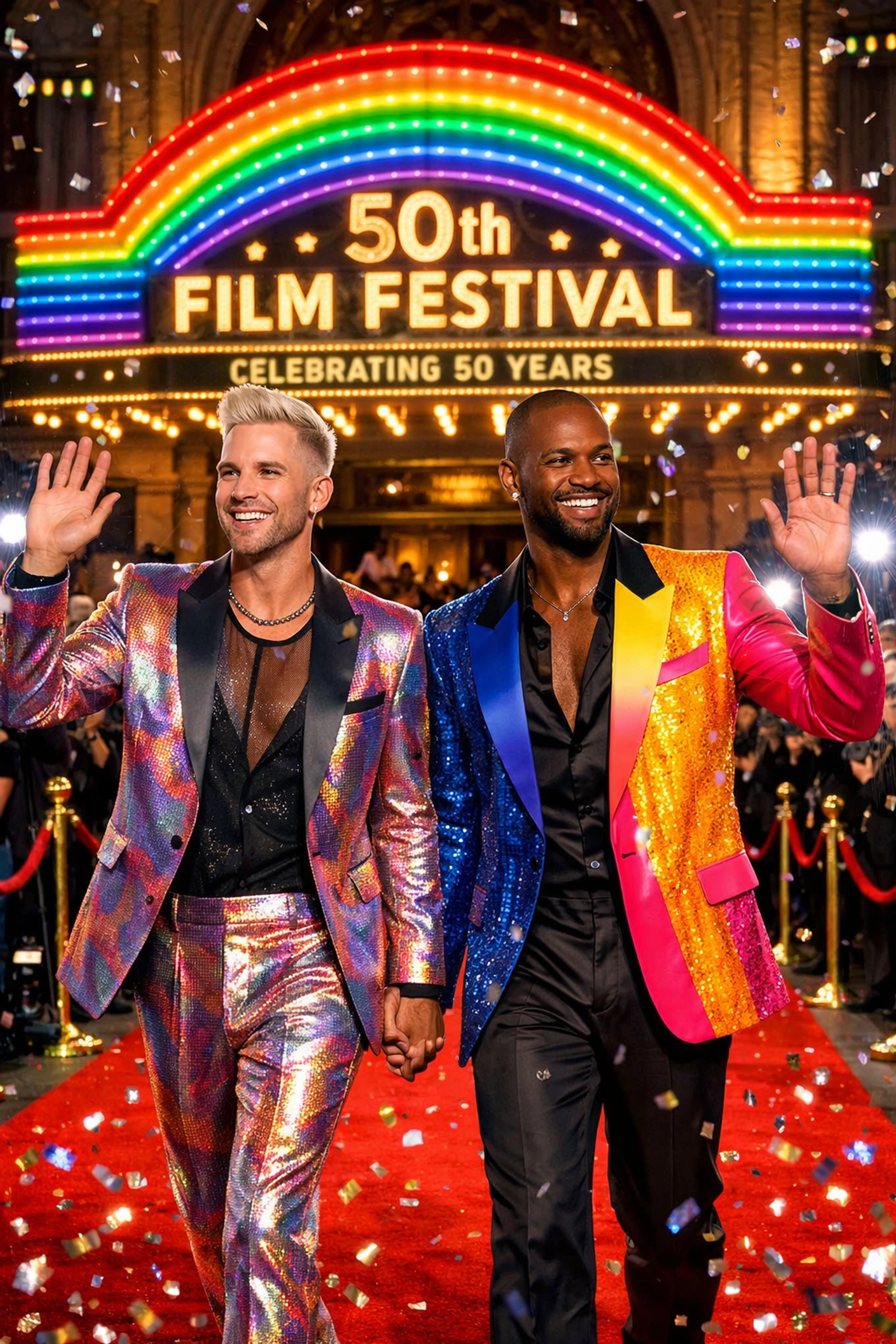 Two stylish gay men celebrate on a red carpet illuminated by rainbow lights at a major film festival event.