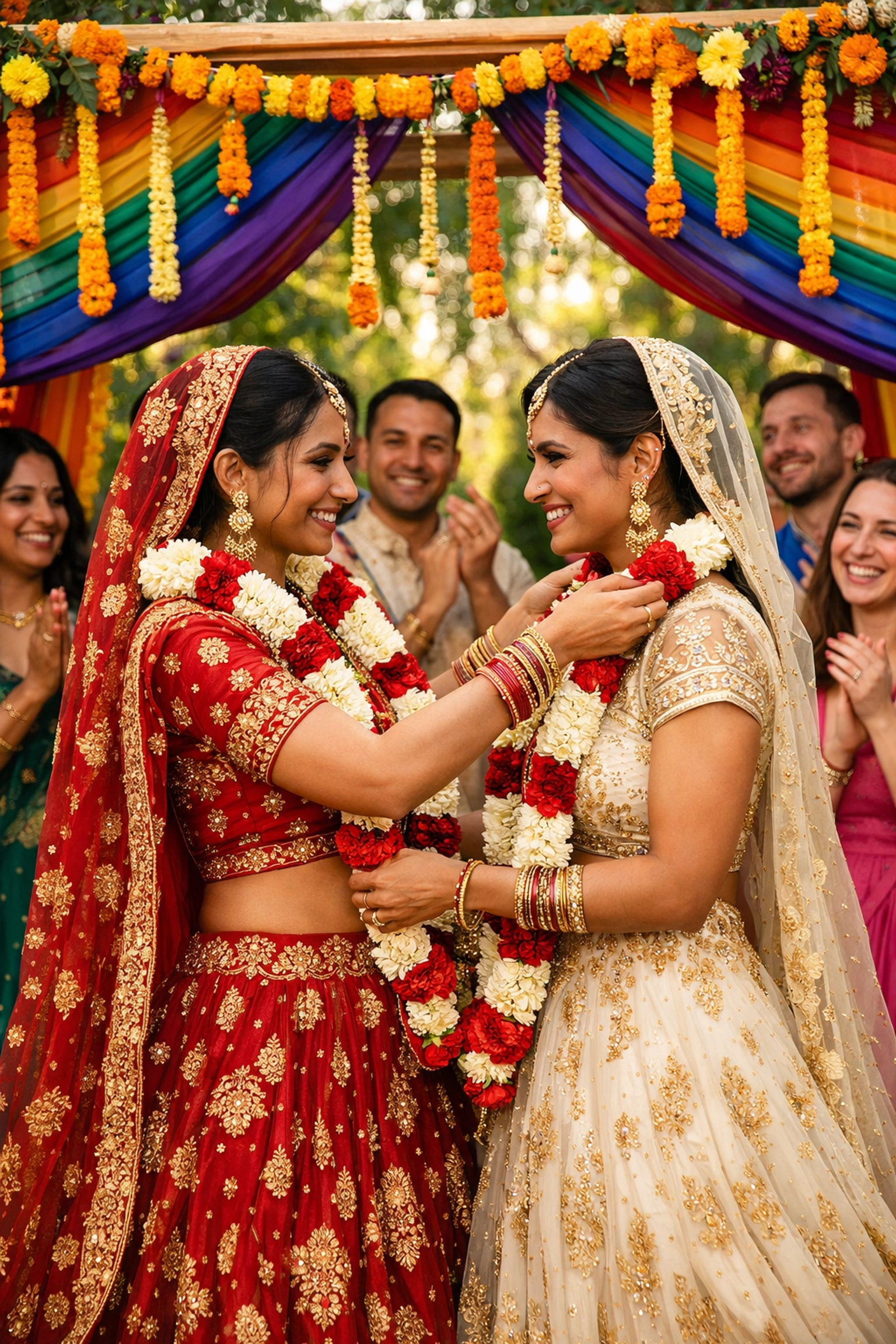 Two South Asian lesbian brides exchanging garlands at Indian wedding ceremony with rainbow decor