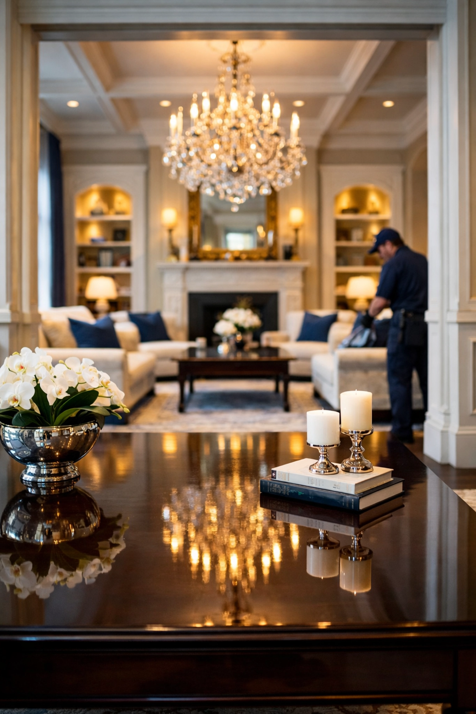 A professional cleaner provides discreet residential cleaning Massachusetts for a high-end Dover estate living room.