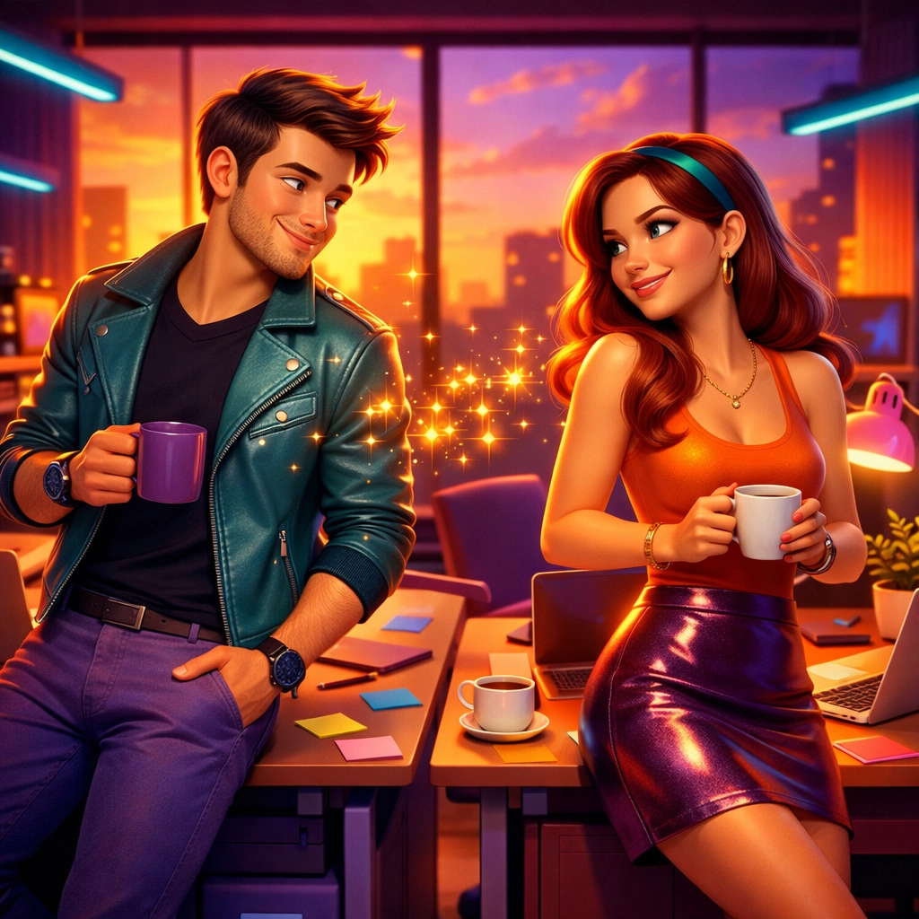 Two coworkers exchanging flirty glances across office desks during sunset