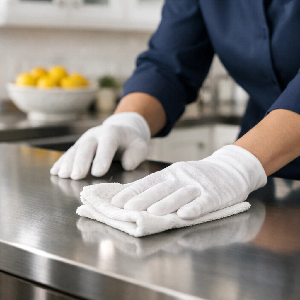 Professional house cleaners Hanover MA detailing a kitchen island for top-tier residential cleaning Massachusetts.