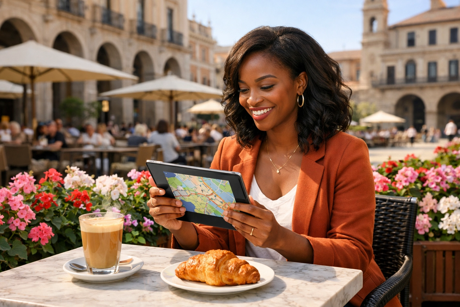 A traveler uses a tablet to plan a custom travel itinerary at a sunny European cafe.