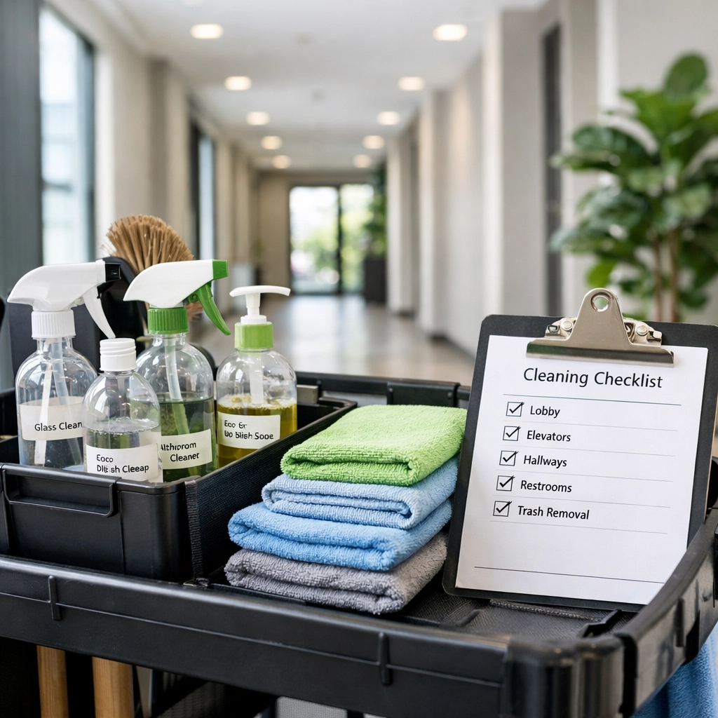Professional cleaning cart with organized eco-friendly supplies in multifamily building hallway