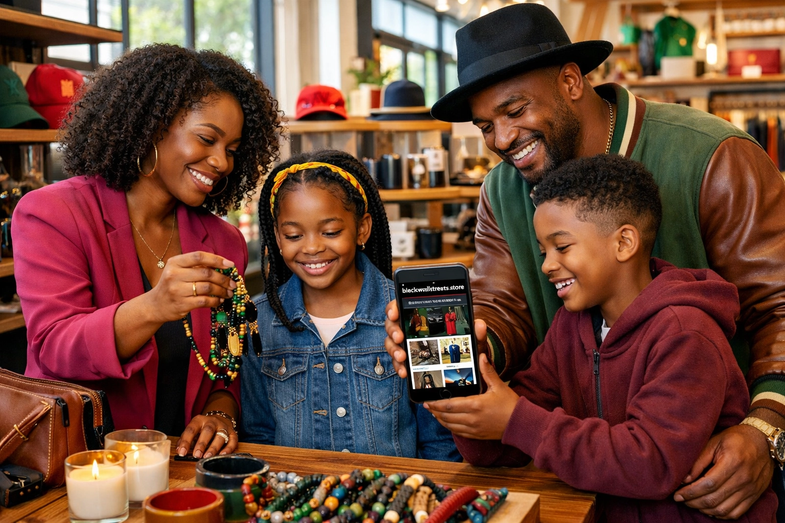Black family shopping together at Black-owned boutique supporting BuyBlack movement