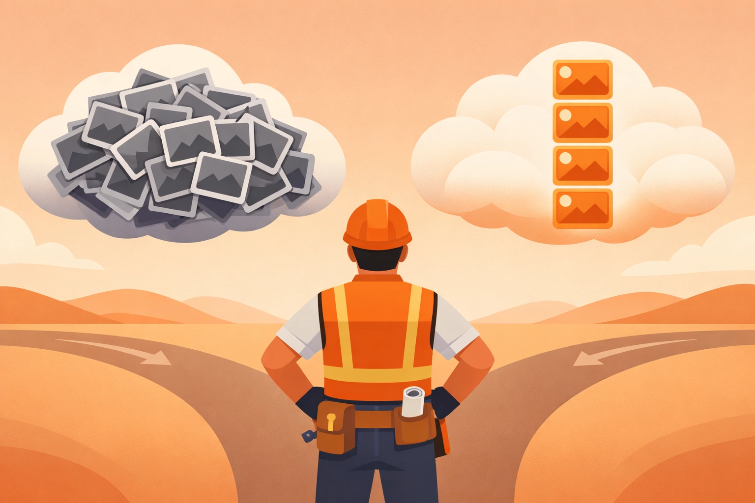 Contractor choosing between a cluttered camera roll and organized construction photo documentation.