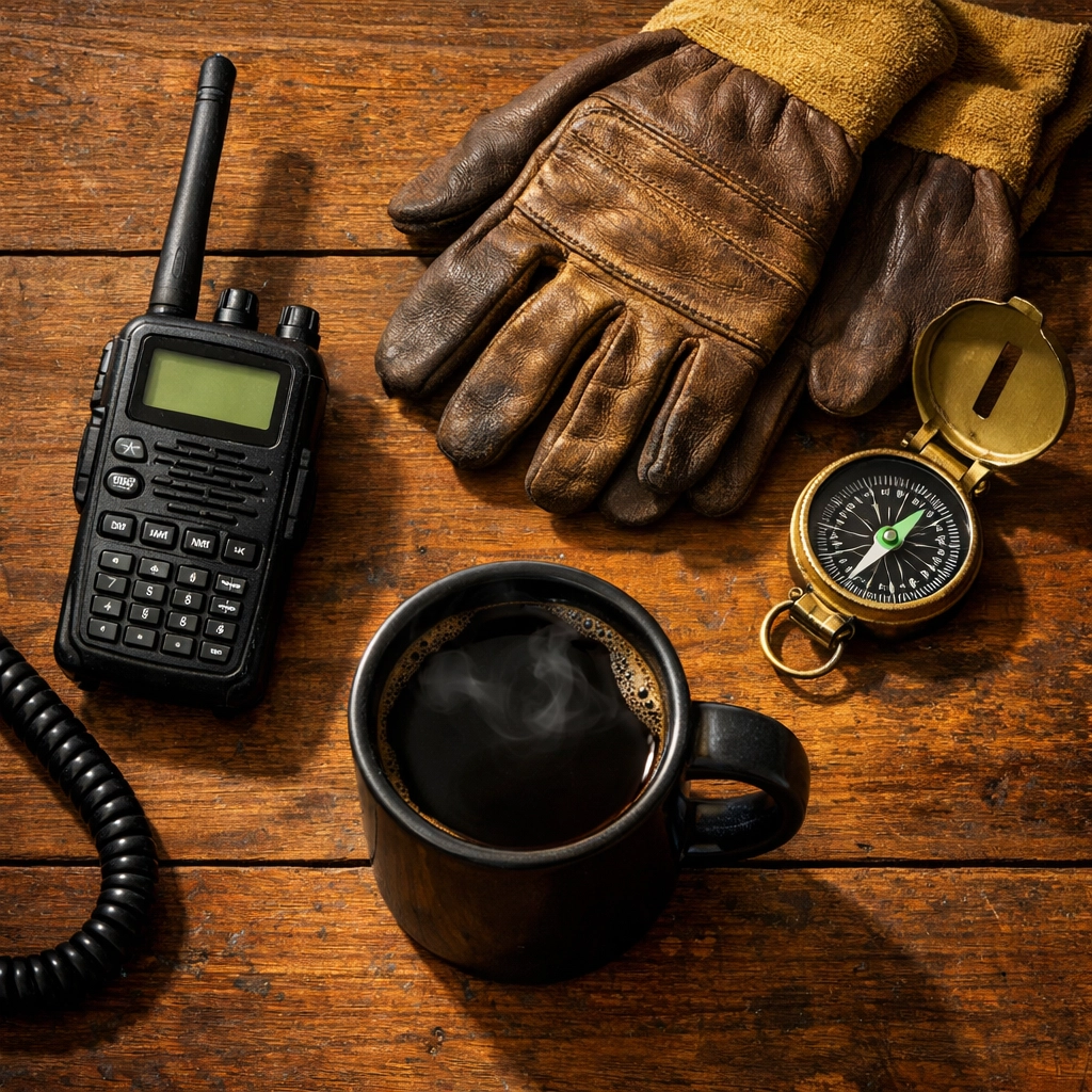 Black coffee next to first responder gear on a rustic desk, fueling community heroes with clean energy.