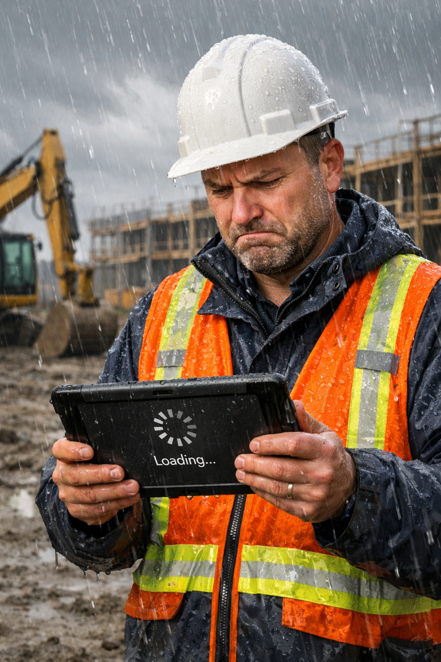 Construction superintendent experiencing connectivity issues on tablet at muddy job site