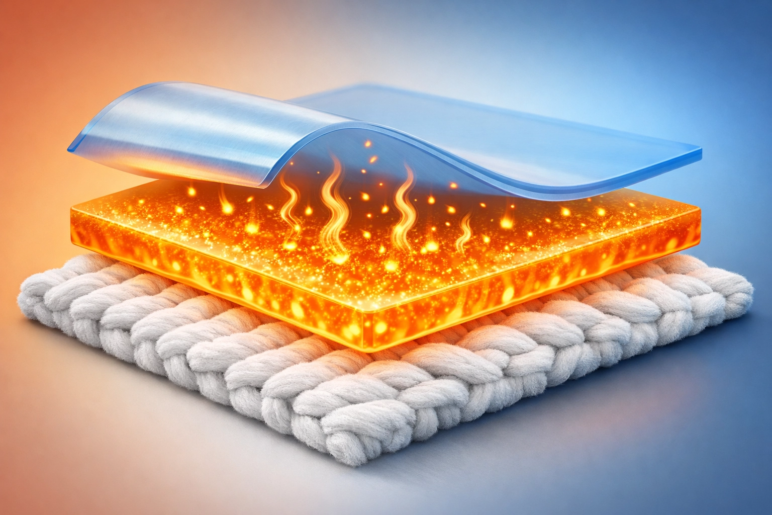 Cross-section showing DTF transfer layers during cooling with adhesive bonding to fabric
