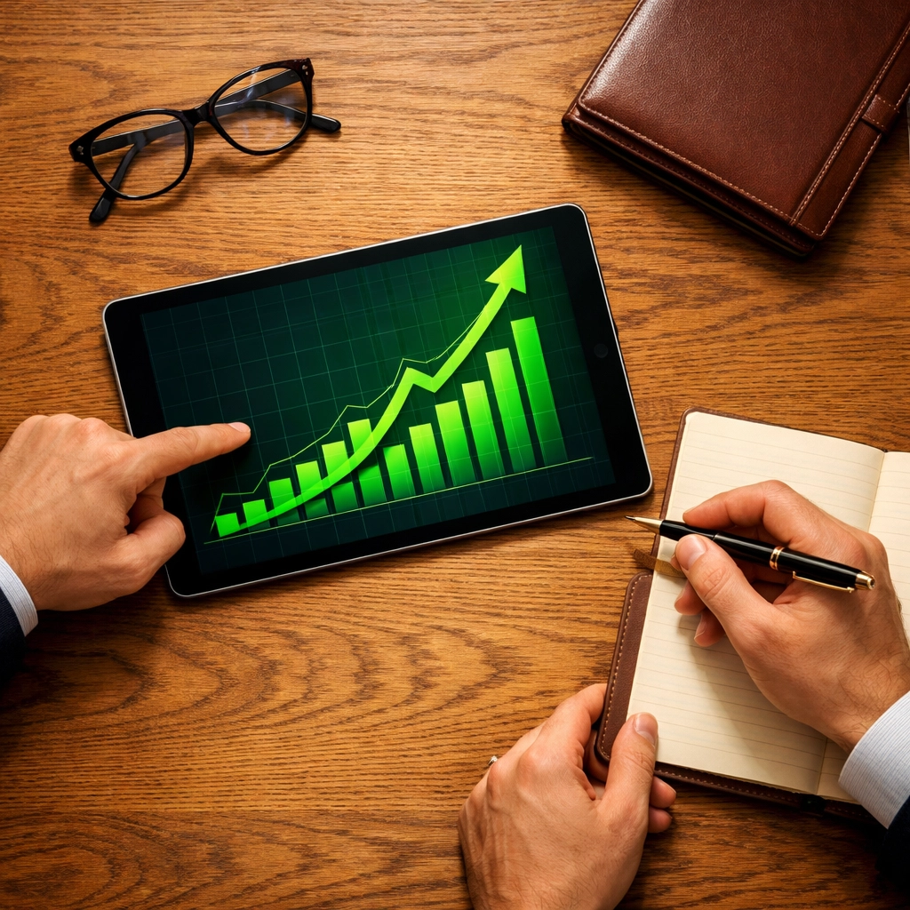 Partners reviewing a growth chart for strategic small business success with outsourced accounting services.