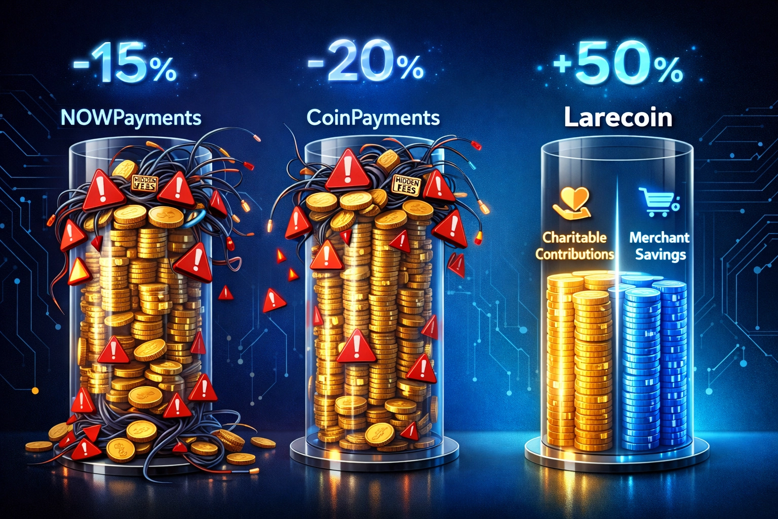 Fee comparison chart showing Larecoin's lower costs versus NOWPayments and CoinPayments with charitable split