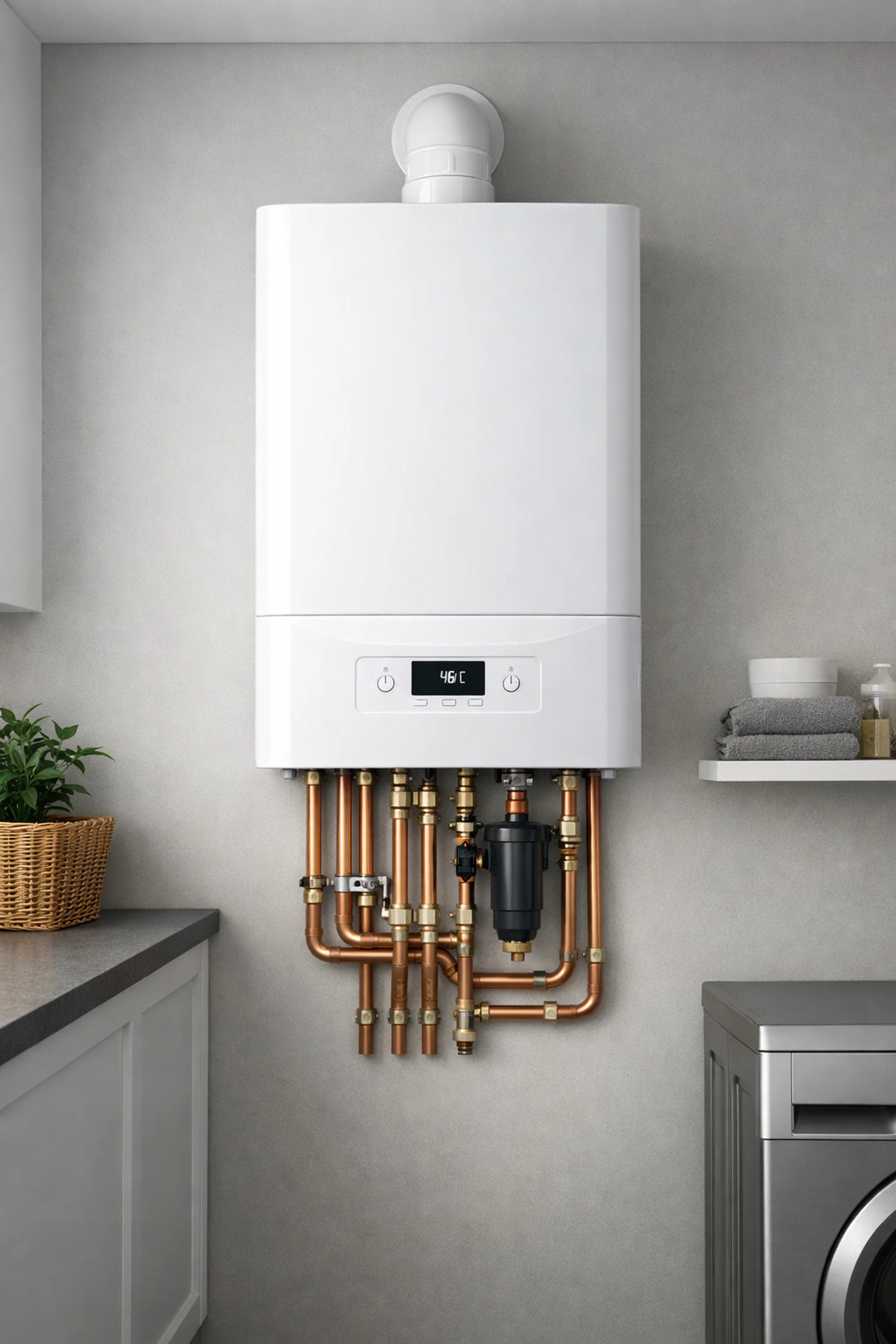 Modern gas boiler installation in a tidy Northamptonshire utility room showing neat copper pipework.