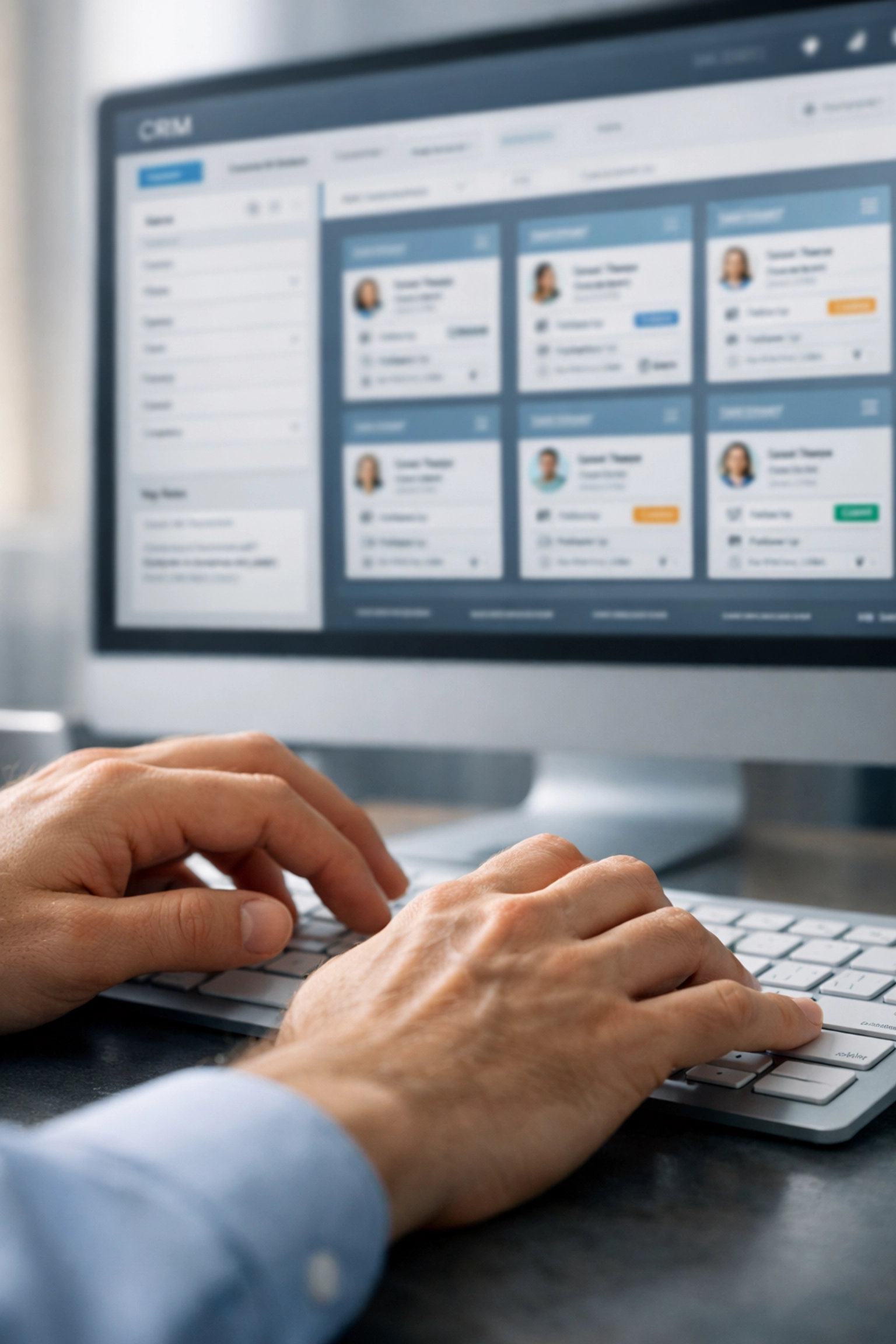 Financial advisor working on CRM system with client data and records for RIA operations