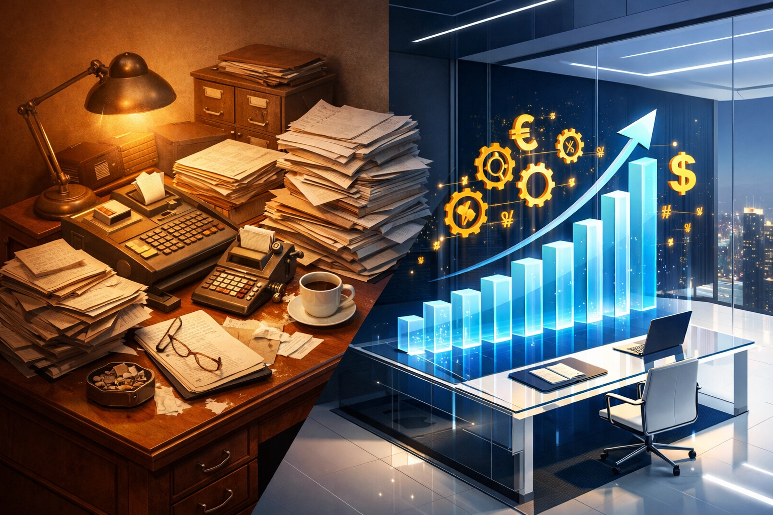 Accounting firm workspace transforming from basic tax compliance to strategic advisory growth services.