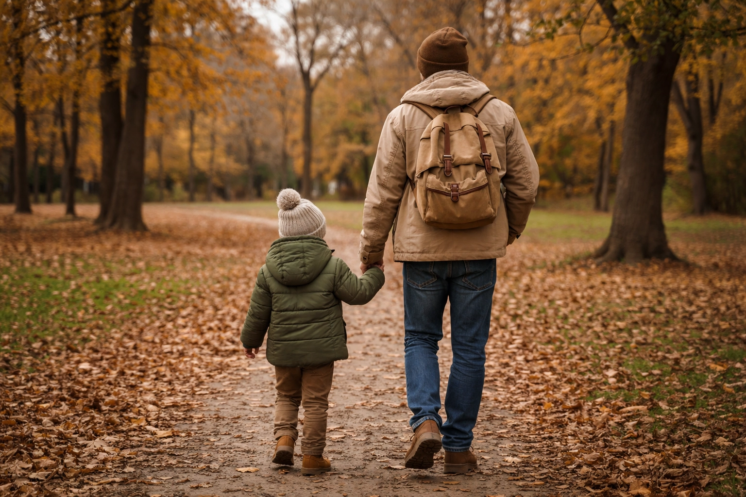 Parent and child walking in autumn park, representing new beginnings and support after divorce in Fredericksburg