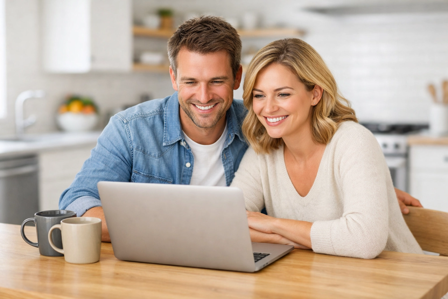 Happy couple researching Denver home listings on a laptop while planning their financial future.