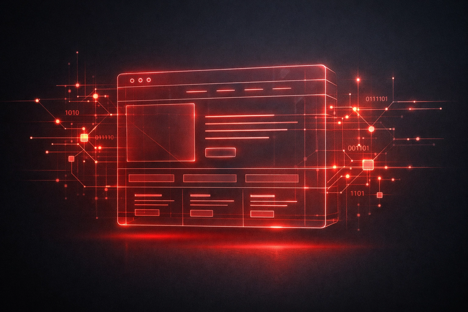 Glowing red website wireframe representing machine-readable technical AI trust signals and site security.