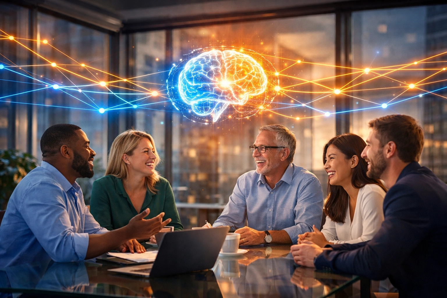 Ein Team nutzt einen KI-Meeting-Assistenten zur automatischen Dokumentation für mehr Fokus im Gespräch.