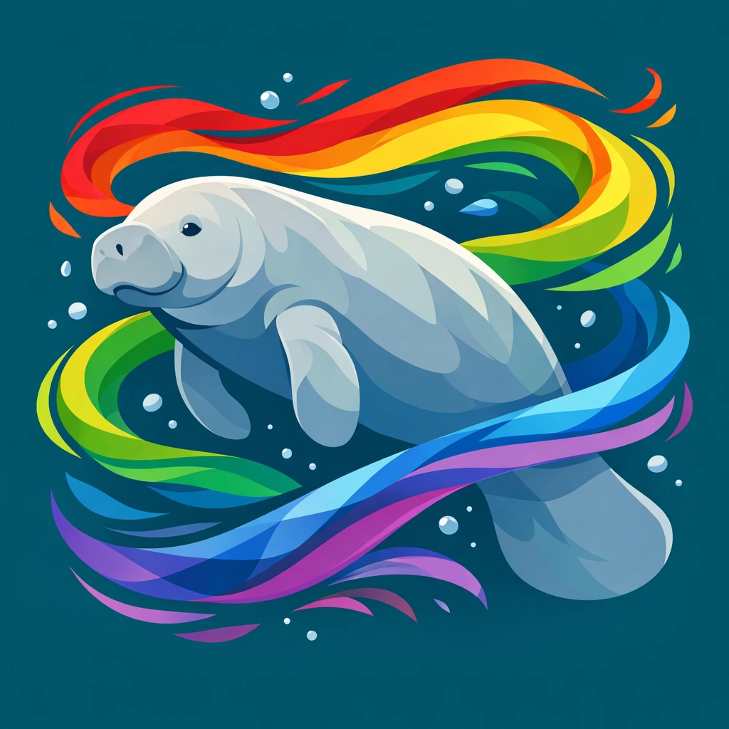 Artistic manatee illustration with rainbow pride colors, reflecting LGBTQ+ themes found in popular gay novels.