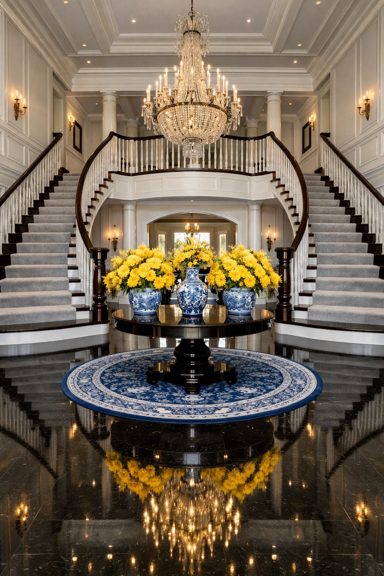 Grand luxury foyer with reflective floors from premium residential cleaning services near me.