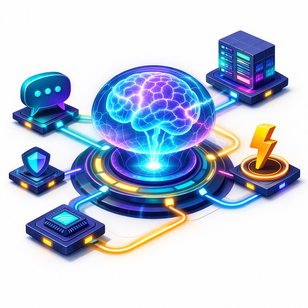 Interconnected digital hub representing AI automation for small business and streamlined software integration.
