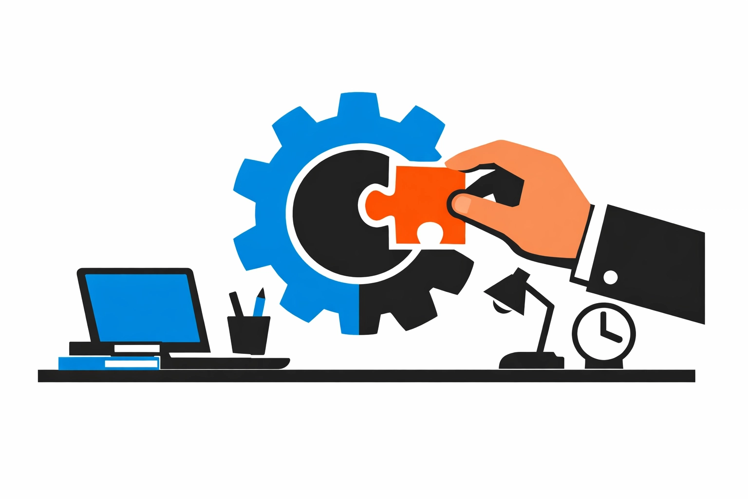 A hand placing a puzzle piece into a gear representing efficient microlearning and improved employee productivity.
