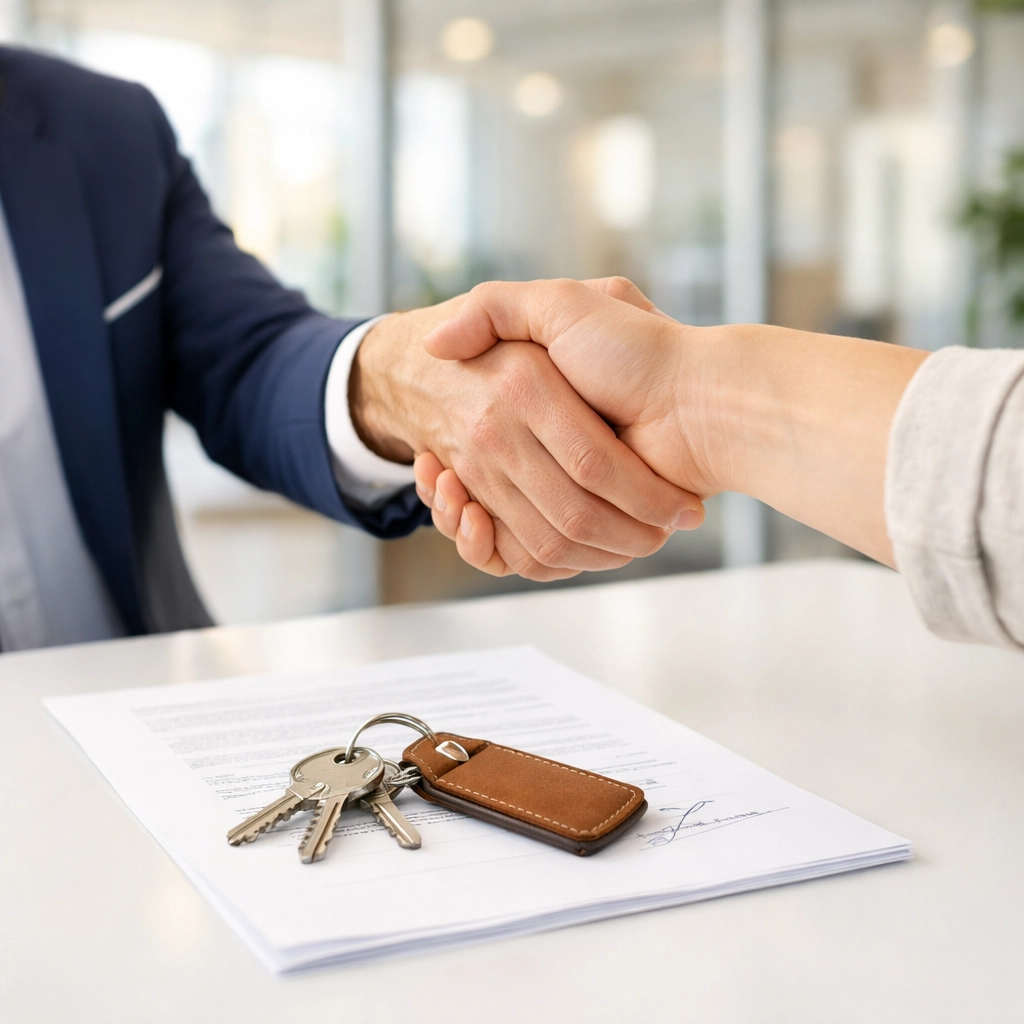 A handshake and house keys on a table representing a secure and successful property title closing.
