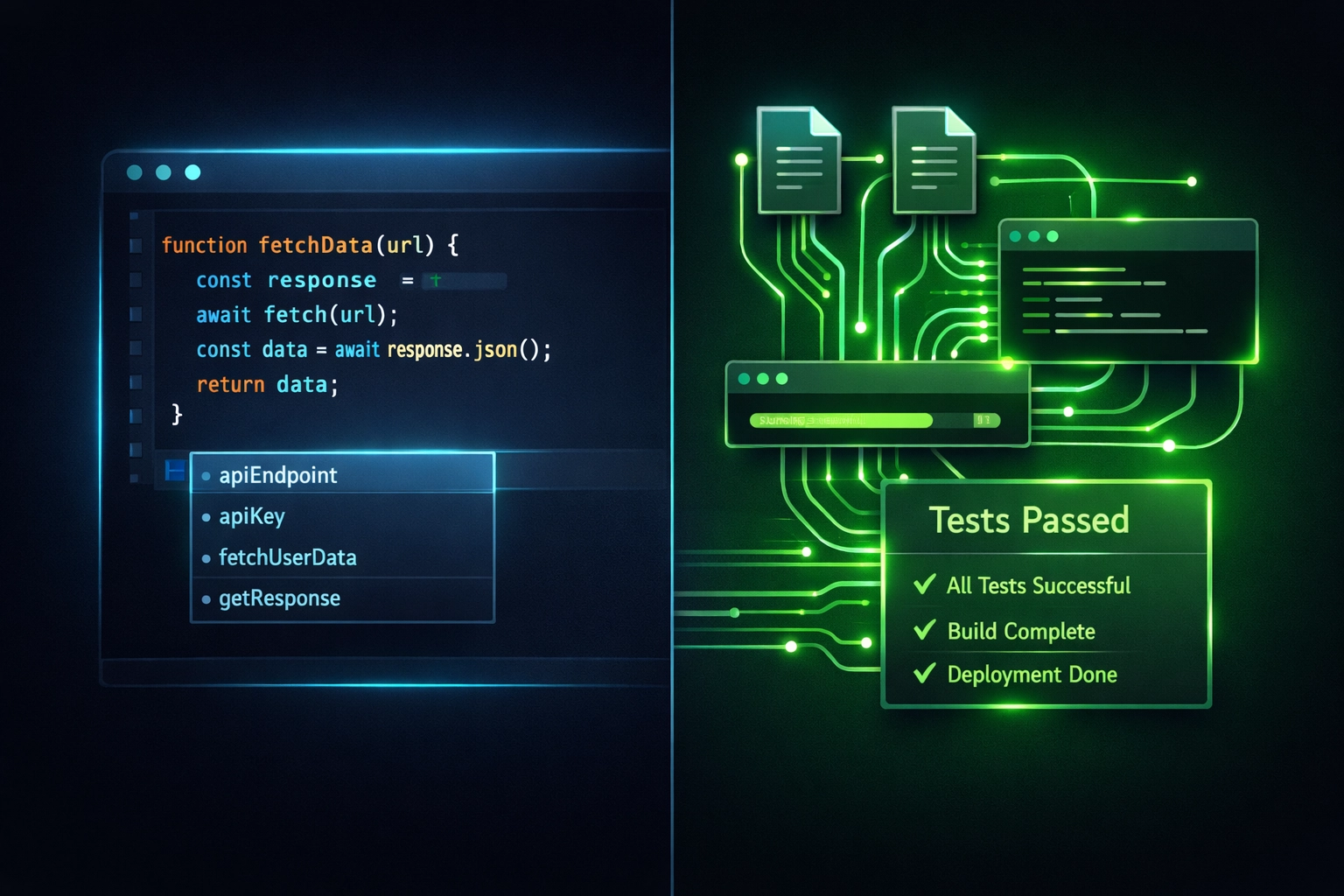 Comparison of AI coding assistant suggesting code vs autonomous agent executing across multiple files