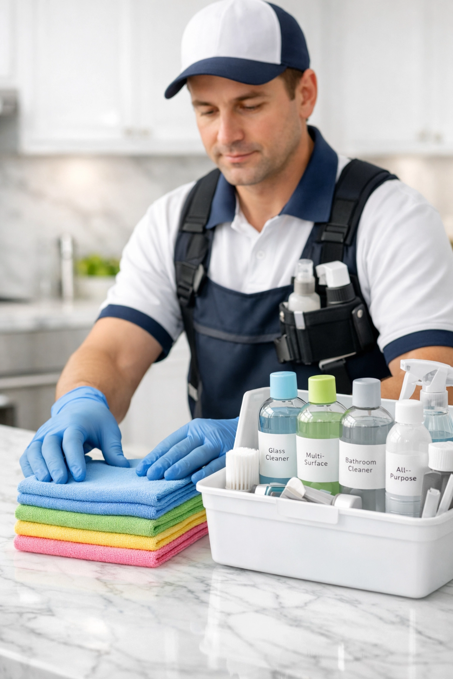 Professional cleaner preparing non-toxic cleaning supplies and microfiber cloths for a health-focused house cleaning.
