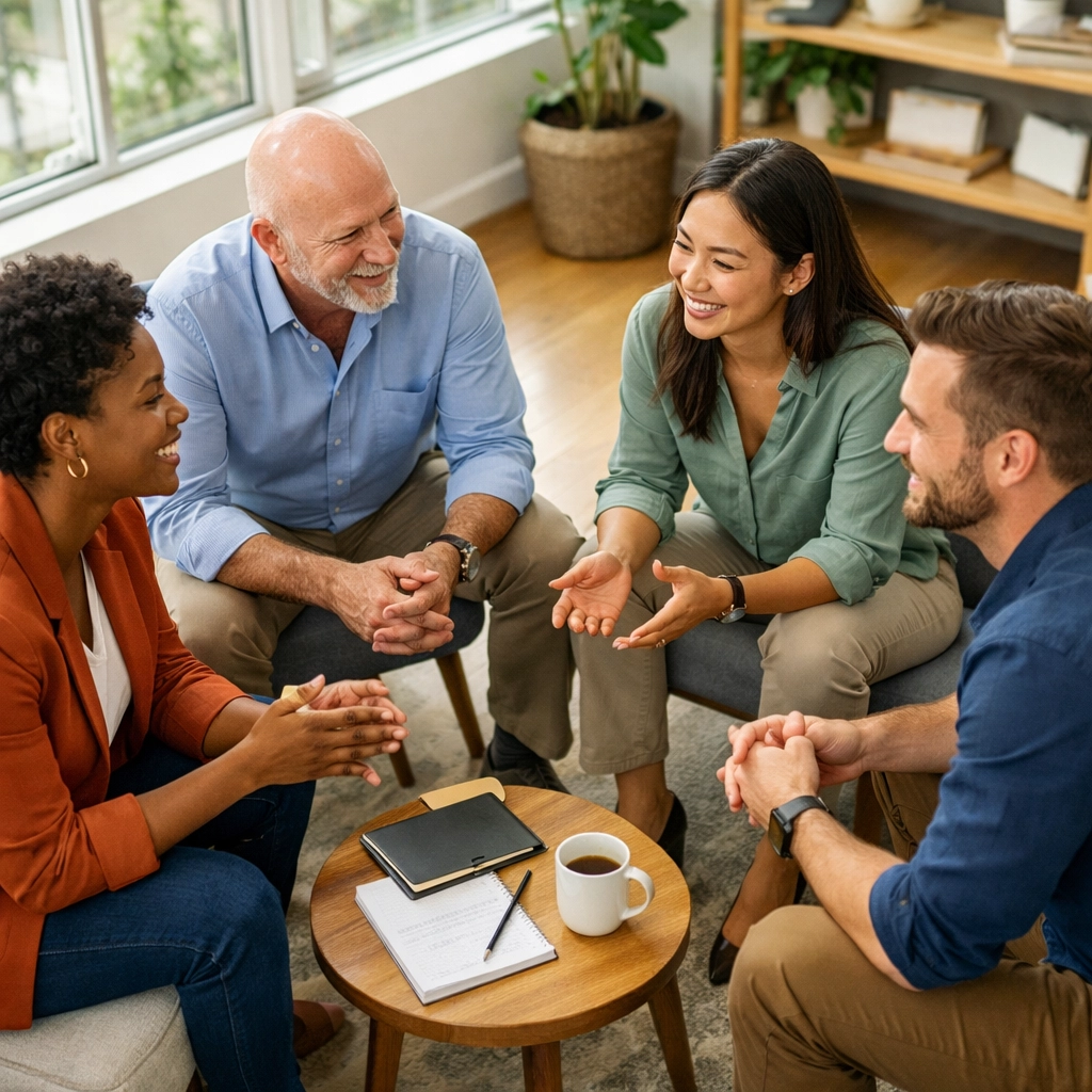 Diverse team in collaborative circle conversation building authentic workplace connections