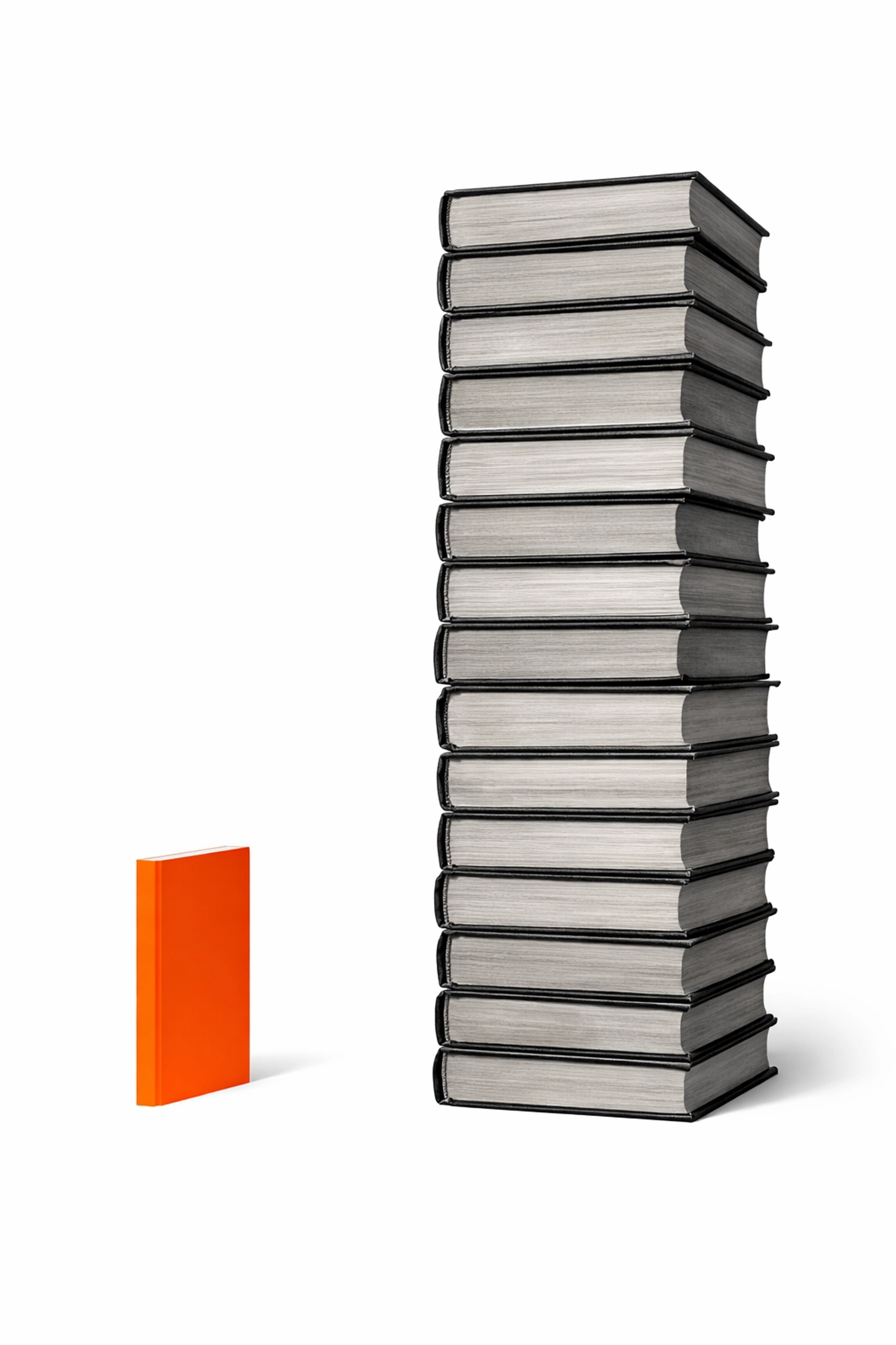 A slim orange novella next to a tall stack of thick books, showing how short books help break a reading slump.