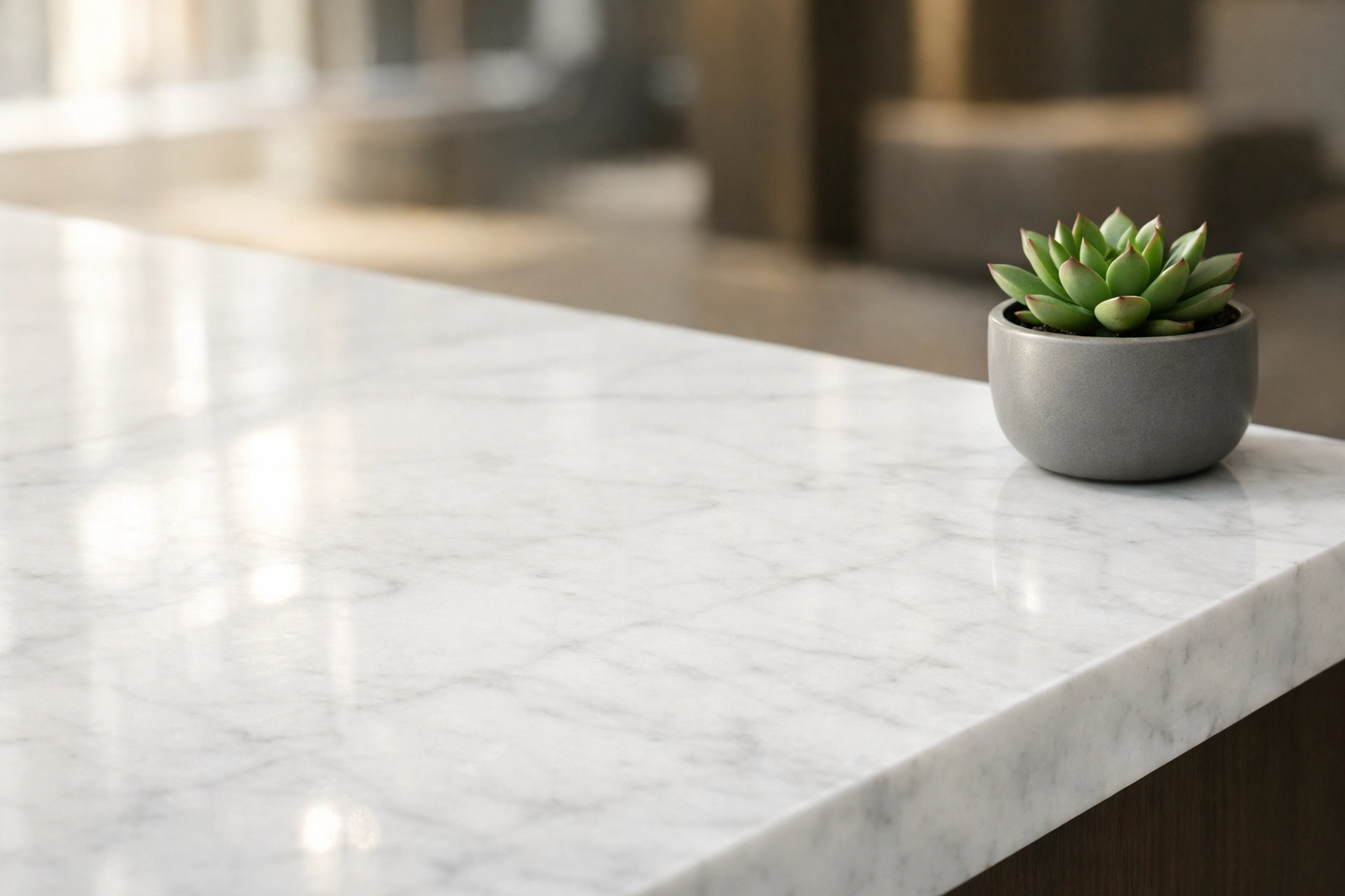 Pristine white marble lobby countertop reflecting sunlight, showcasing professional office cleaning detail.