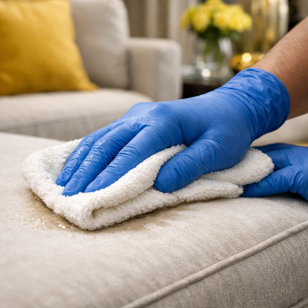 Professional hands blotting a fabric sofa to demonstrate deep cleaning your Massachusetts home techniques.